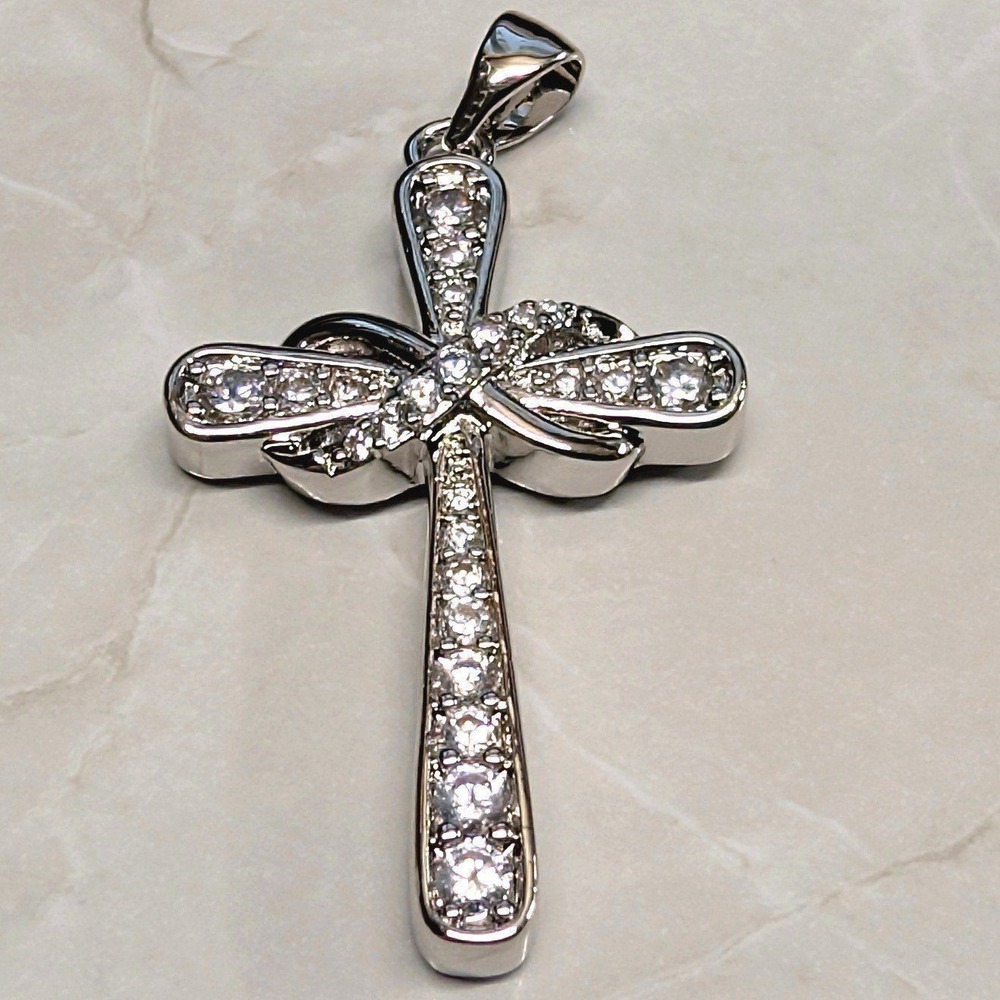 New Eternity Cross Pendant 14K Gold Plated Clear Rhinestones Religious Jewelry